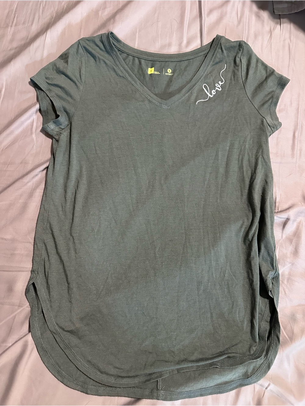 Xersion Olive Green V-Neck Short Sleeve Tee with Script Accent